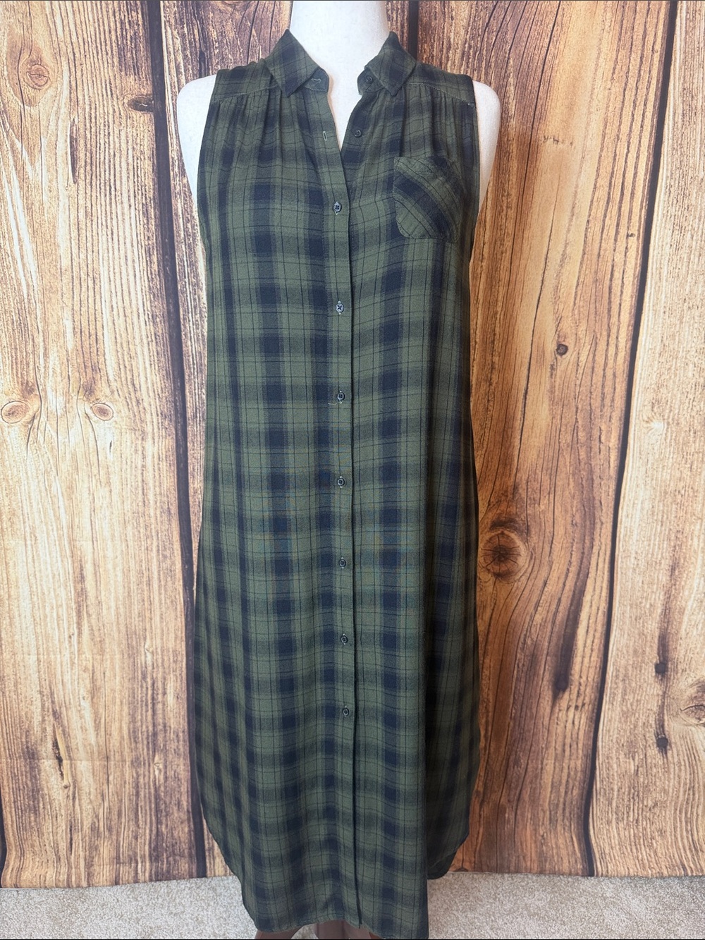 Mossimo Supply Co. Olive and Black Plaid Sleeveless Button Midi Dress